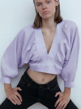 Zara Linen & Viscose Blend Deep V Neckline 3/4 Puff Sleeve Crop Top ** Sz S